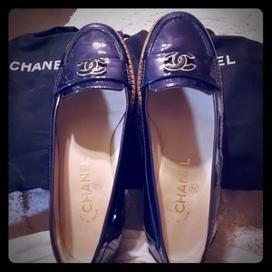 Chanel navy paton logo  Loafers
